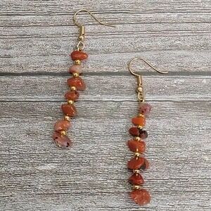 Dangle Drop Earrings Gold Tone Red Agate Gemstone Chips‎ Boho Jewelry